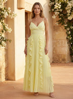 V-Neck Spaghetti Straps Pleated Chiffon Dress