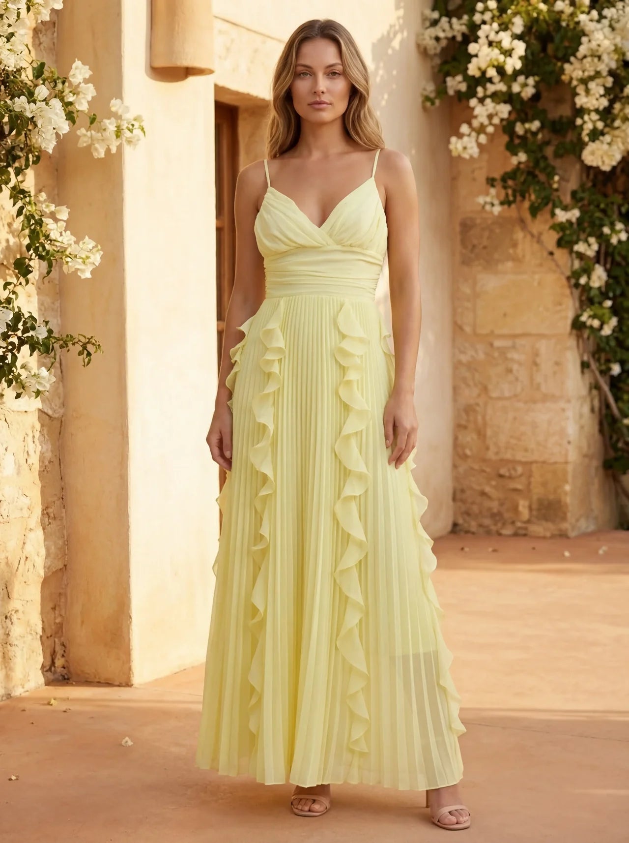 V-Neck Spaghetti Straps Pleated Chiffon Dress